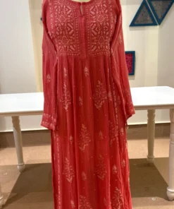 Alternative view of Red Chikankari Mul Chanderi