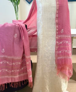 Ivory Pure Tassar Silk Handcrafted Chikankari Suit Set with Rose Dupatta