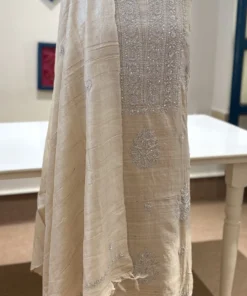 Antique Beige Pure Tassar Silk Handcrafted Chikankari Suit Set with Sequin Embellished Floral Panel