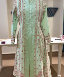 Mint Green & Coral Handcrafted Chikankari Cotton Kurti