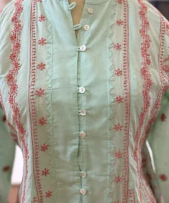 Alternative view of Mint Green & Coral Handcrafted Chikankari Cotton Kurti