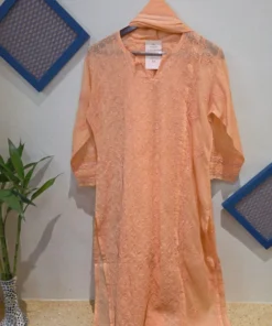 Peach Apricot Kota Doriya Chikankari Kurti Set