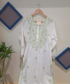 Ivory & Leaf Green Handcrafted Chikankari Cotton Kurti