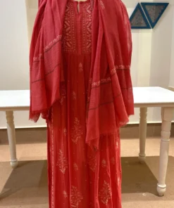 Red Chikankari Mul Chanderi