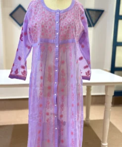 Lavender Doriya Chikankari Kurta Set with Pink Embroidery