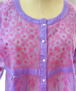 Alternative view of Lavender Doriya Chikankari Kurta Set with Pink Embroidery