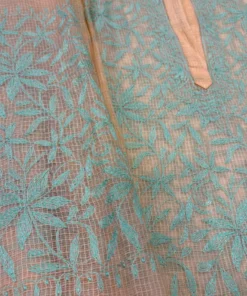Alternative view of Peach Doriya Chikankari Kurta Set with Aqua Embroidery