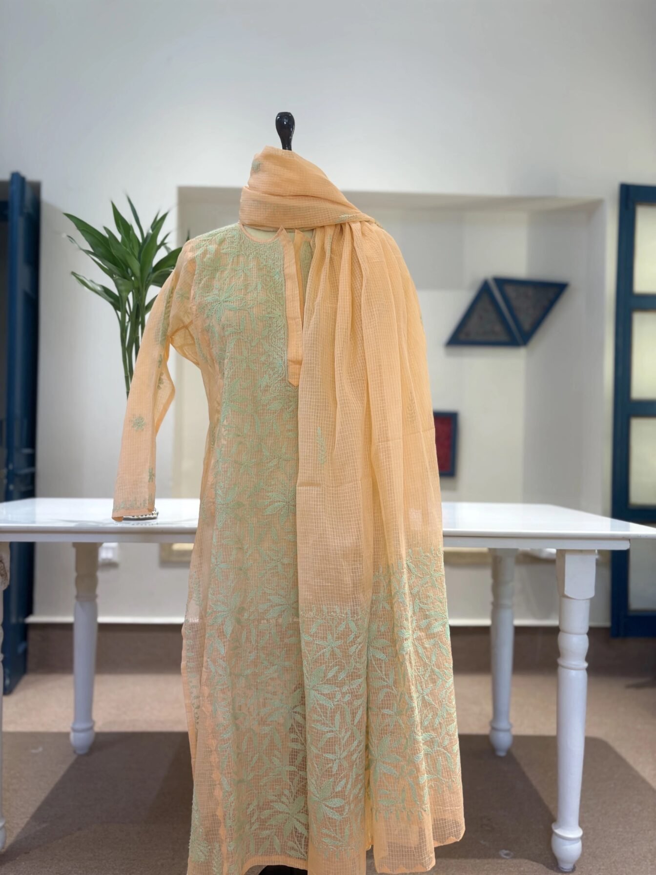 Peach Doriya Chikankari Kurta Set with Aqua Embroidery