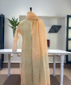 Peach Doriya Chikankari Kurta Set with Aqua Embroidery