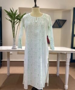 Mint Green Self-Embroidered Chikankari Cotton Kurti