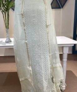 Mint Ivory Kota Silk Handcrafted Chikankari Suit