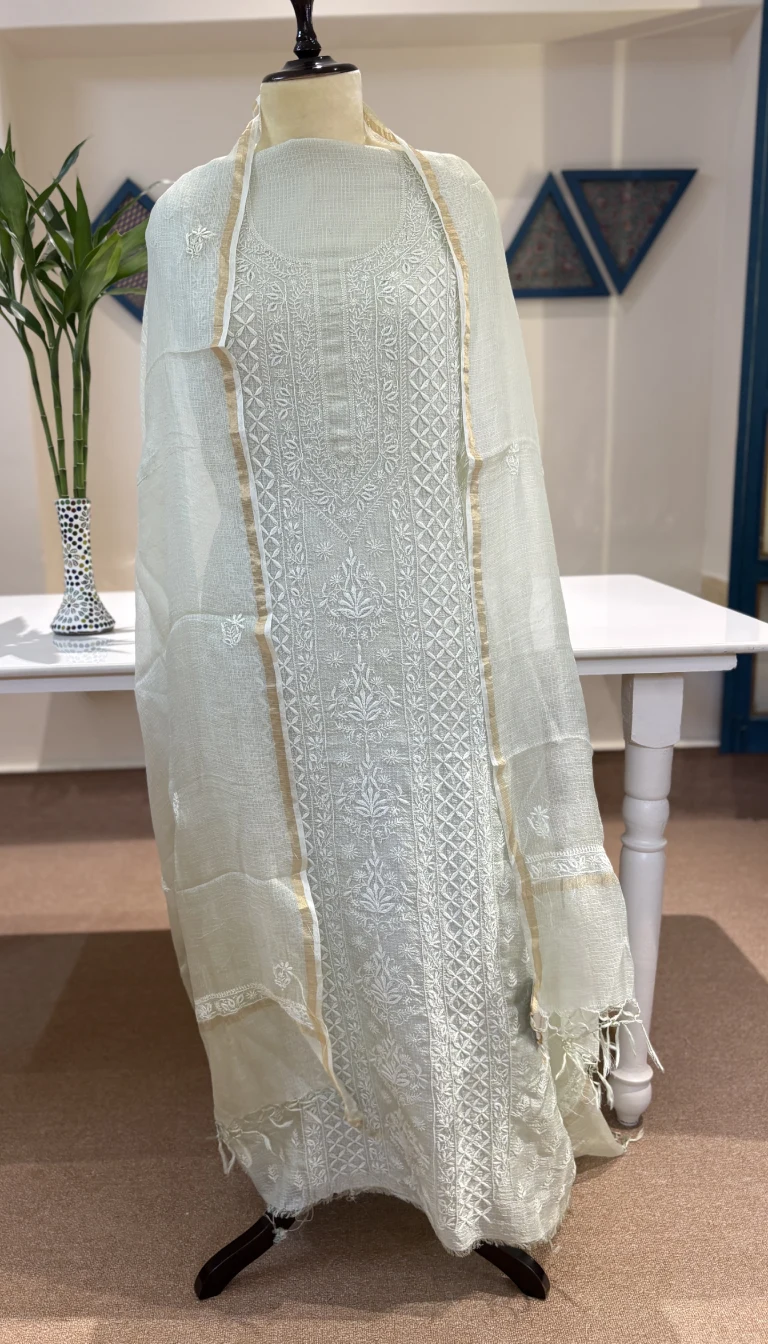 Mint Ivory Kota Silk Handcrafted Chikankari Suit