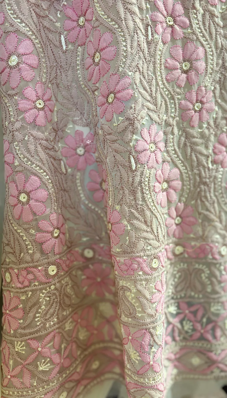 Alternative view of Georgette Handcrafted Chikankari Floral Suit Set with Pink Shadow Work & Dupatta