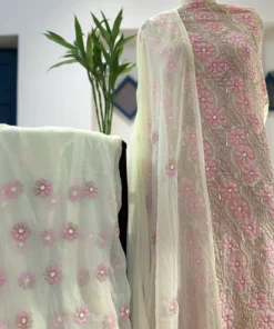 Georgette Handcrafted Chikankari Floral Suit Set with Pink Shadow Work & Dupatta