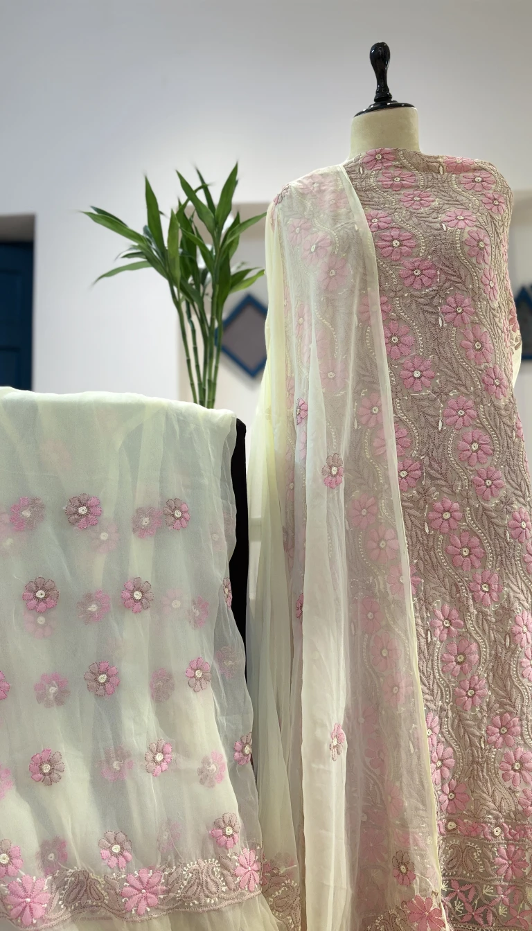 Georgette Handcrafted Chikankari Floral Suit Set with Pink Shadow Work & Dupatta