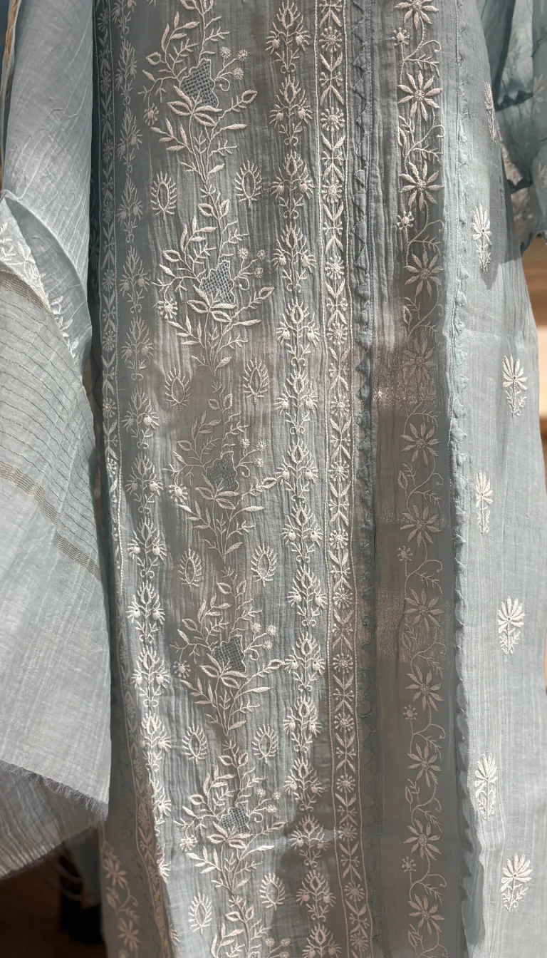 Alternative view of Powder Blue Mal Chanderi Handcrafted Chikankari Suit Set