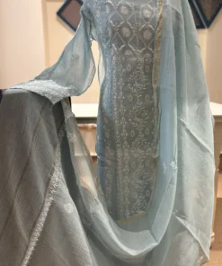 Powder Blue Mal Chanderi Handcrafted Chikankari Suit Set