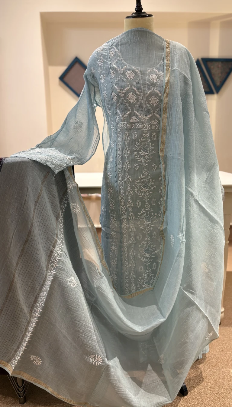 Powder Blue Mal Chanderi Handcrafted Chikankari Suit Set