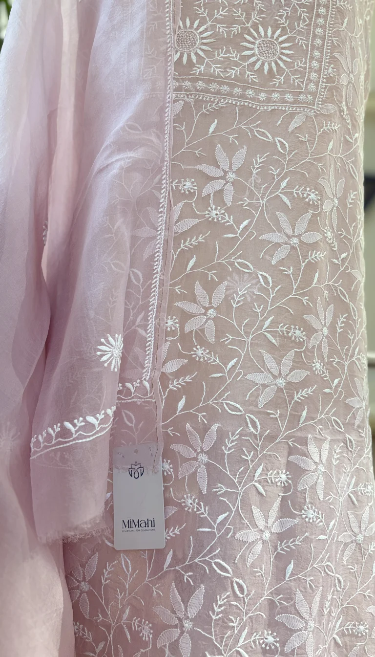 Alternative view of Blush Pink Organza Chikankari Set with Dupatta