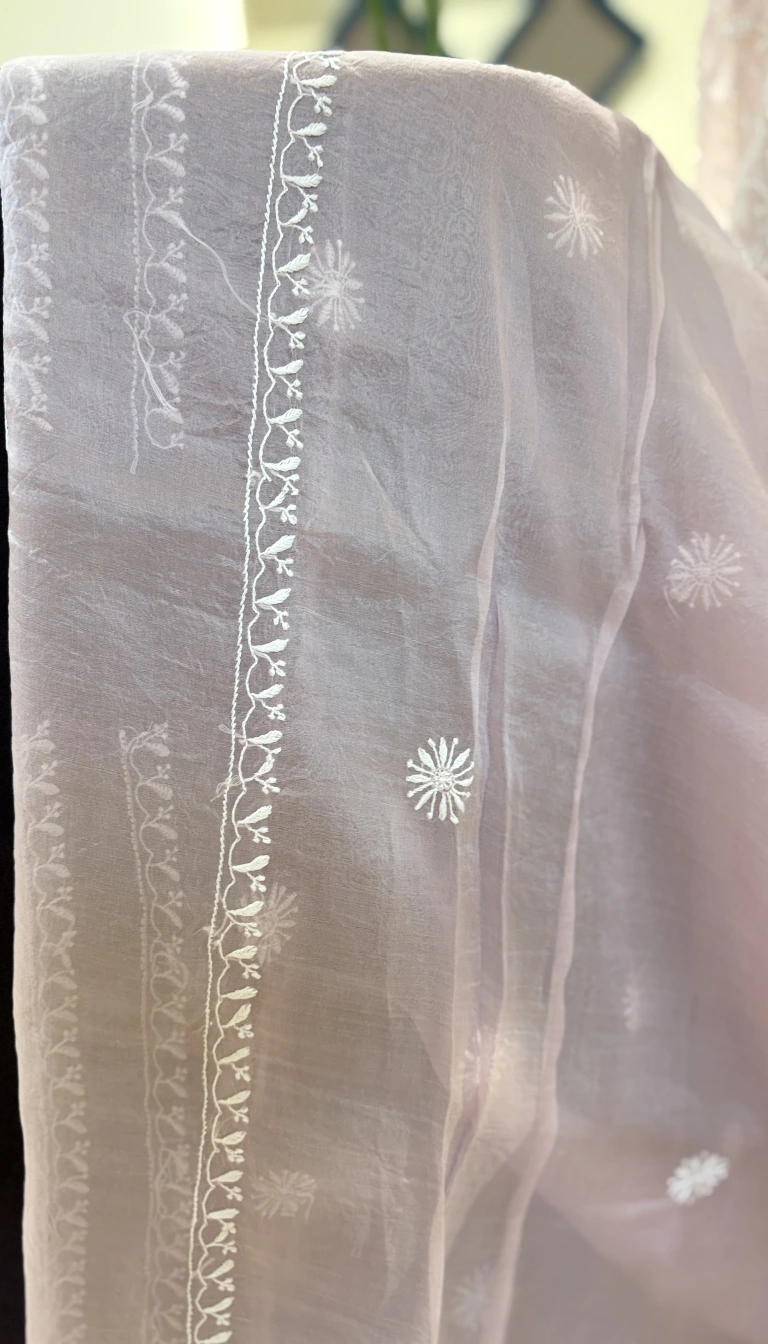 Blush Pink Organza Chikankari Set with Dupatta - Image 3