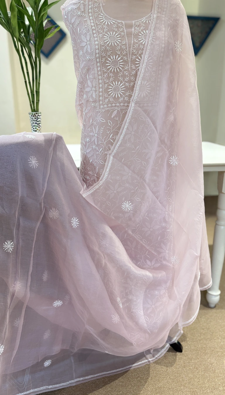 Blush Pink Organza Chikankari Set with Dupatta
