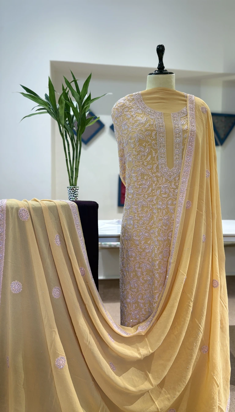Sunflower Yellow Georgette Handcrafted Chikankari Jaal 2PC Set