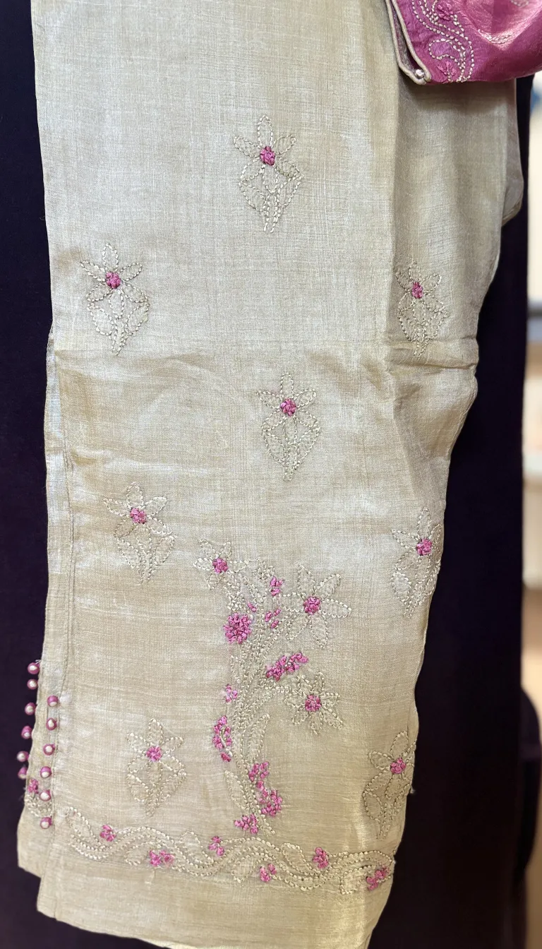 Alternative view of Silk Handcrafted Chikankari 3PC Set with Mukaish Dupatta & Slip
