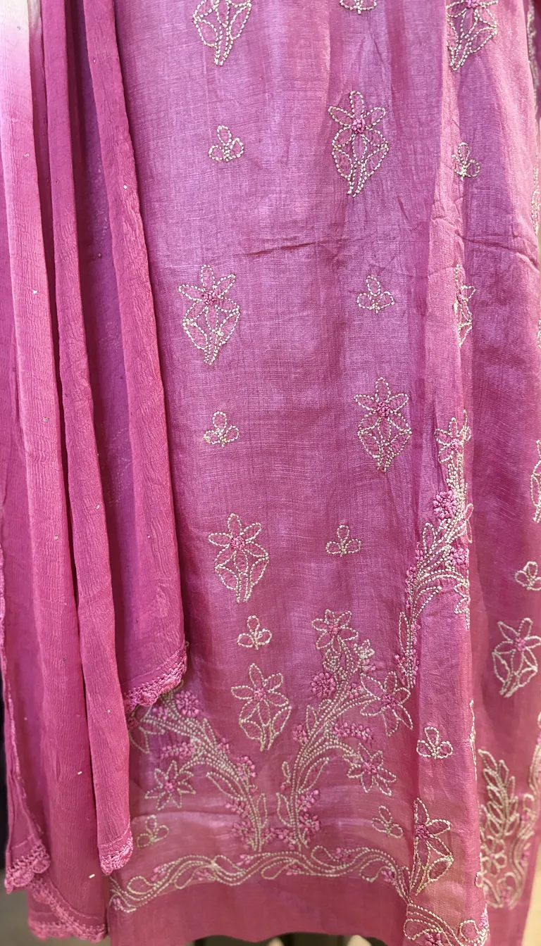 Silk Handcrafted Chikankari 3PC Set with Mukaish Dupatta & Slip - Image 3