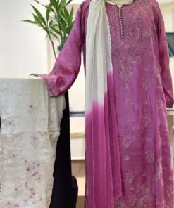 Silk Handcrafted Chikankari 3PC Set with Mukaish Dupatta & Slip