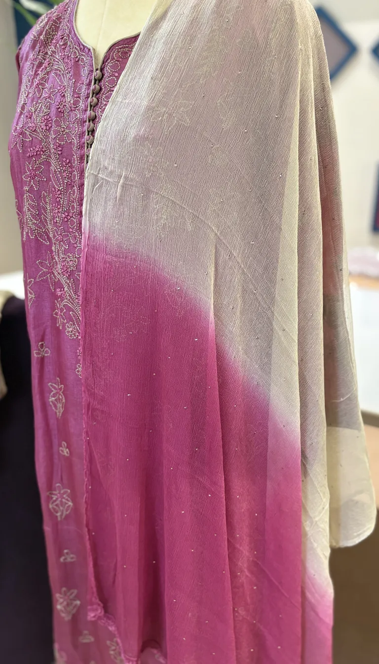 Silk Handcrafted Chikankari 3PC Set with Mukaish Dupatta & Slip - Image 4