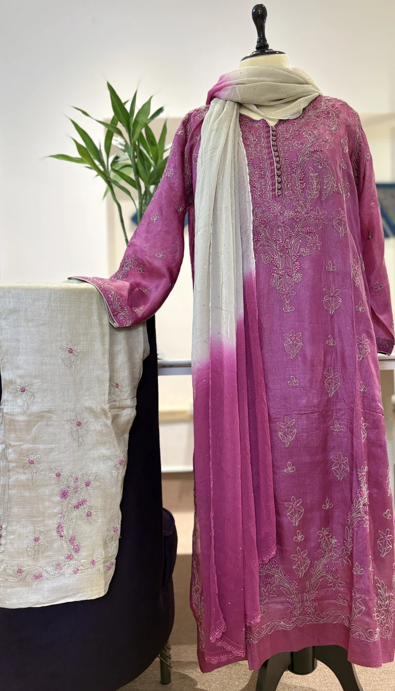Silk Handcrafted Chikankari 3PC Set with Mukaish Dupatta & Slip