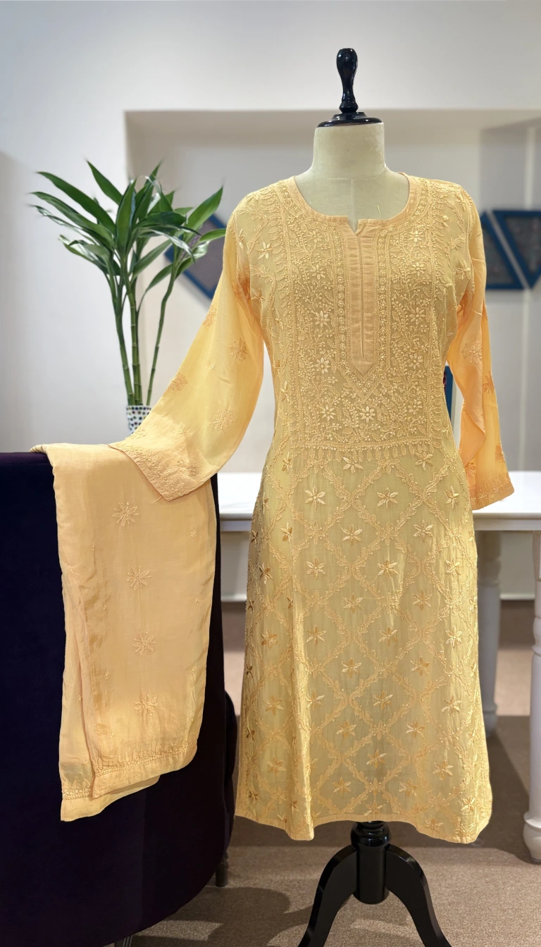 Pastel Mango Yellow Muslin Chikankari 2PC Stitched Set