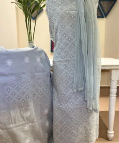 Powder Blue Cotton Chikankari 3pc Unstitched Set
