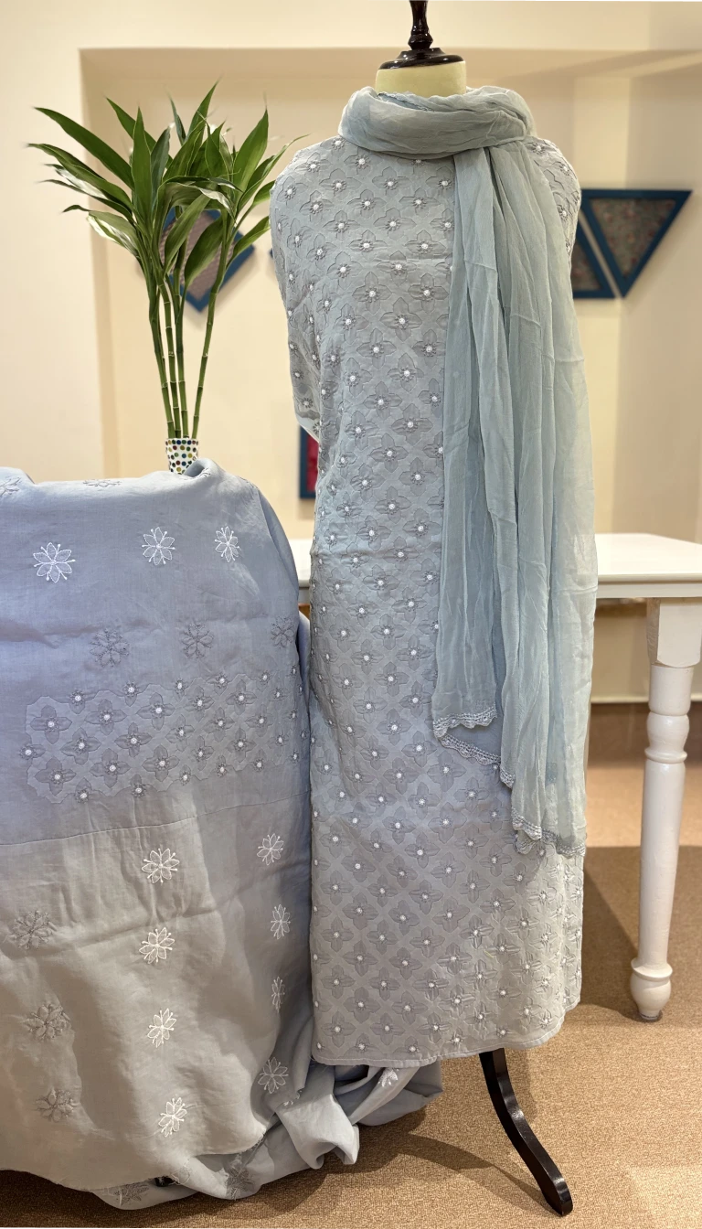 Powder Blue Cotton Chikankari 3pc Unstitched Set