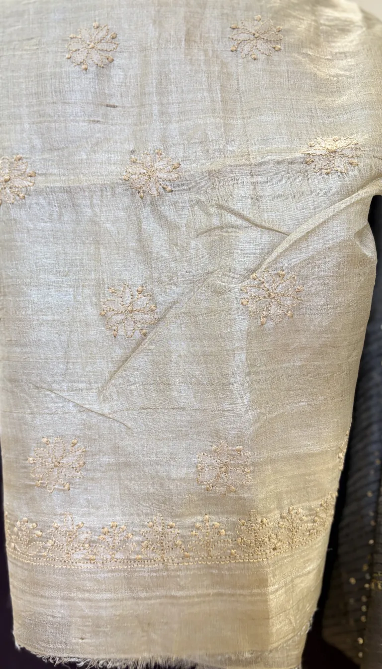 Alternative view of Beige Tussar Silk Chikankari 3PC Unstitched Set with Charcoal Shimmer Dupatta