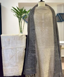 Beige Tussar Silk Chikankari 3PC Unstitched Set with Charcoal Shimmer Dupatta