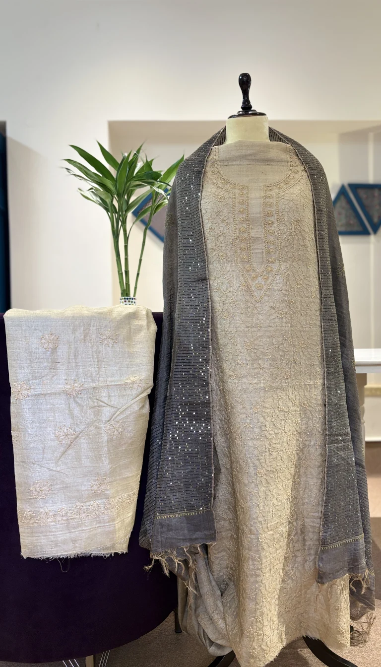 Beige Tussar Silk Chikankari 3PC Unstitched Set with Charcoal Shimmer Dupatta