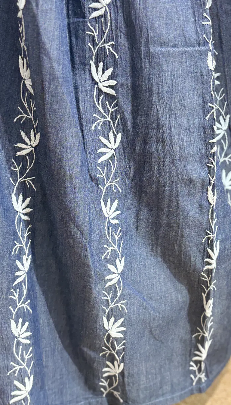 Indigo Denim Hand-Embroidered Floral Skirt – Free Size - Image 3