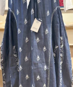 Indigo Denim Hand-Embroidered Floral Skirt – Free Size