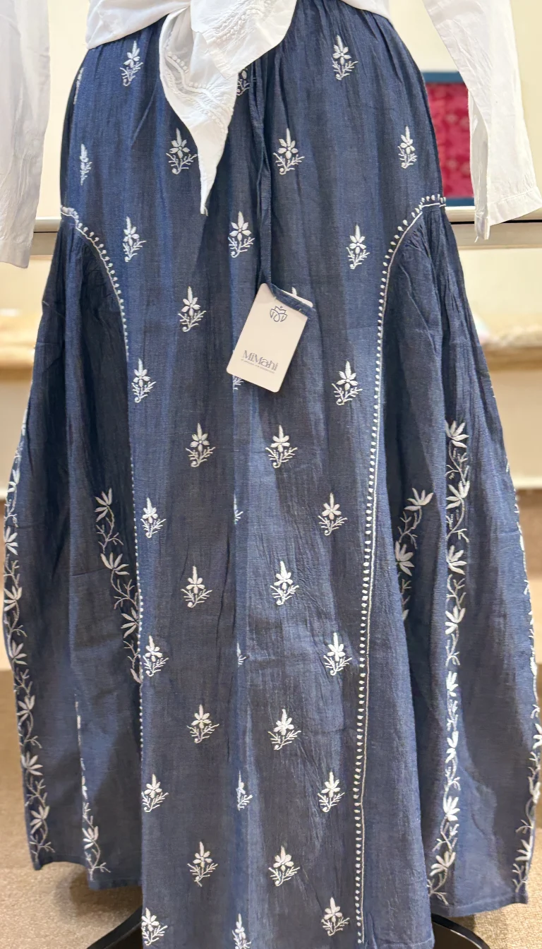 Indigo Denim Hand-Embroidered Floral Skirt – Free Size