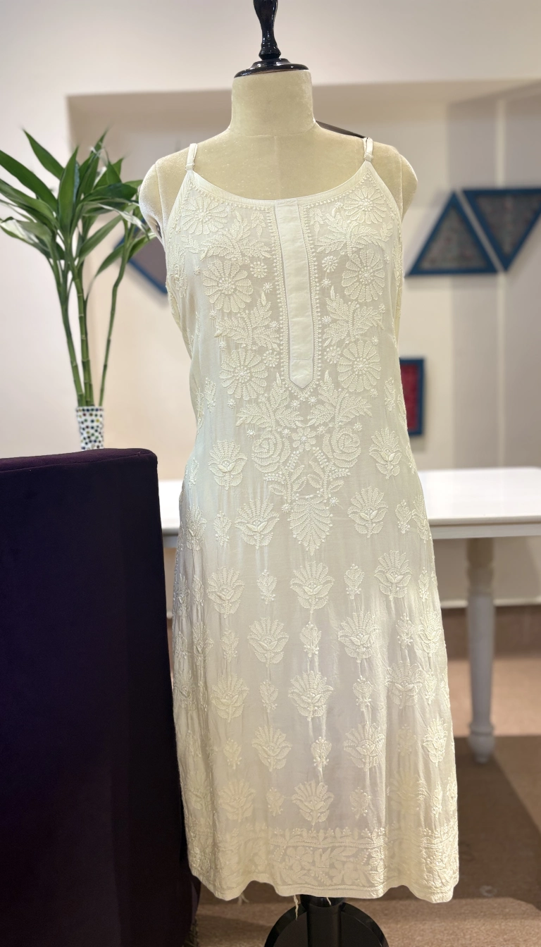Muslin Handcrafted Chikankari Strap Kurti – Size 44