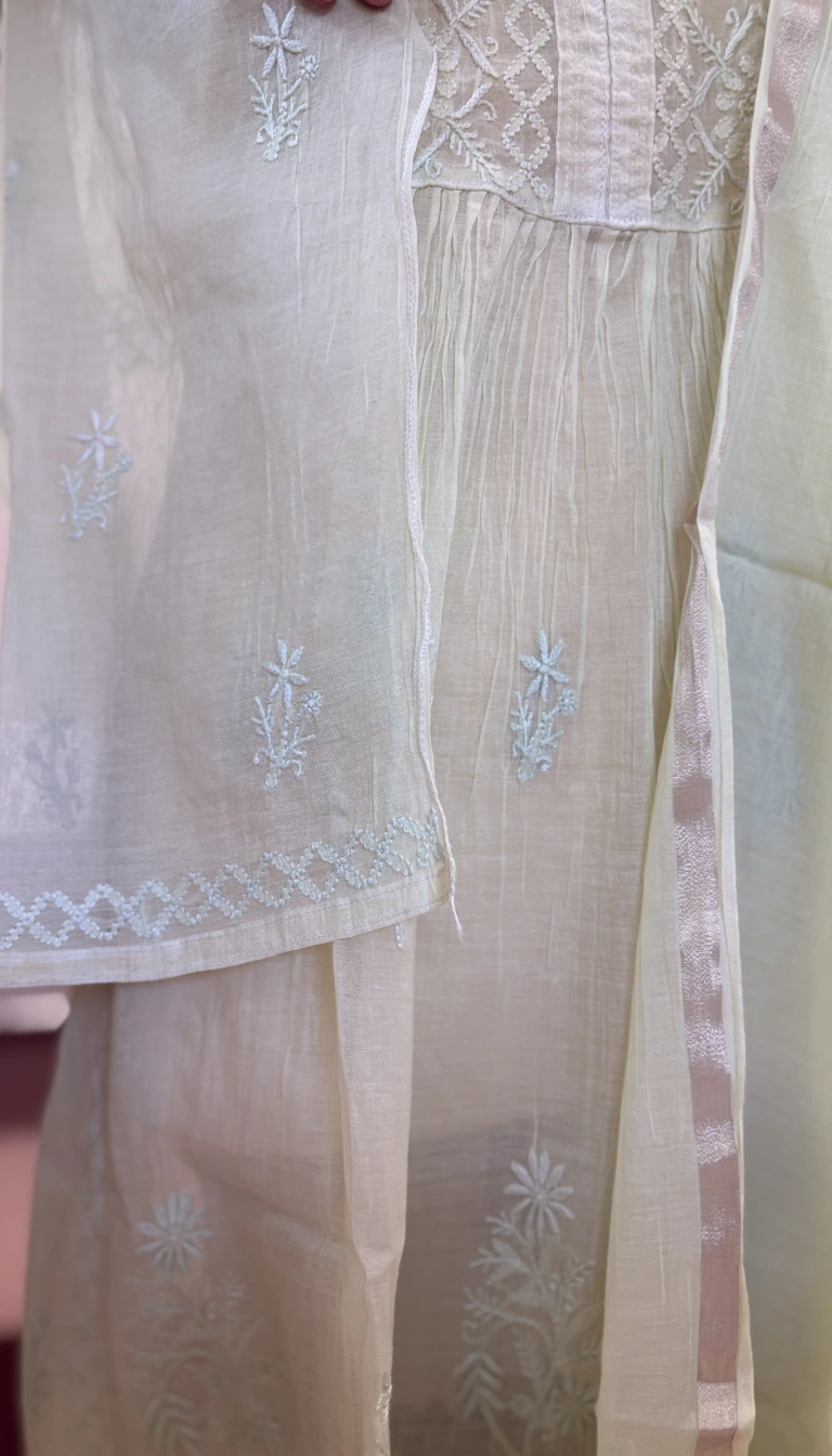 Alternative view of Pastel Mul Chanderi Handcrafted Chikankari Suit Set with Dupatta