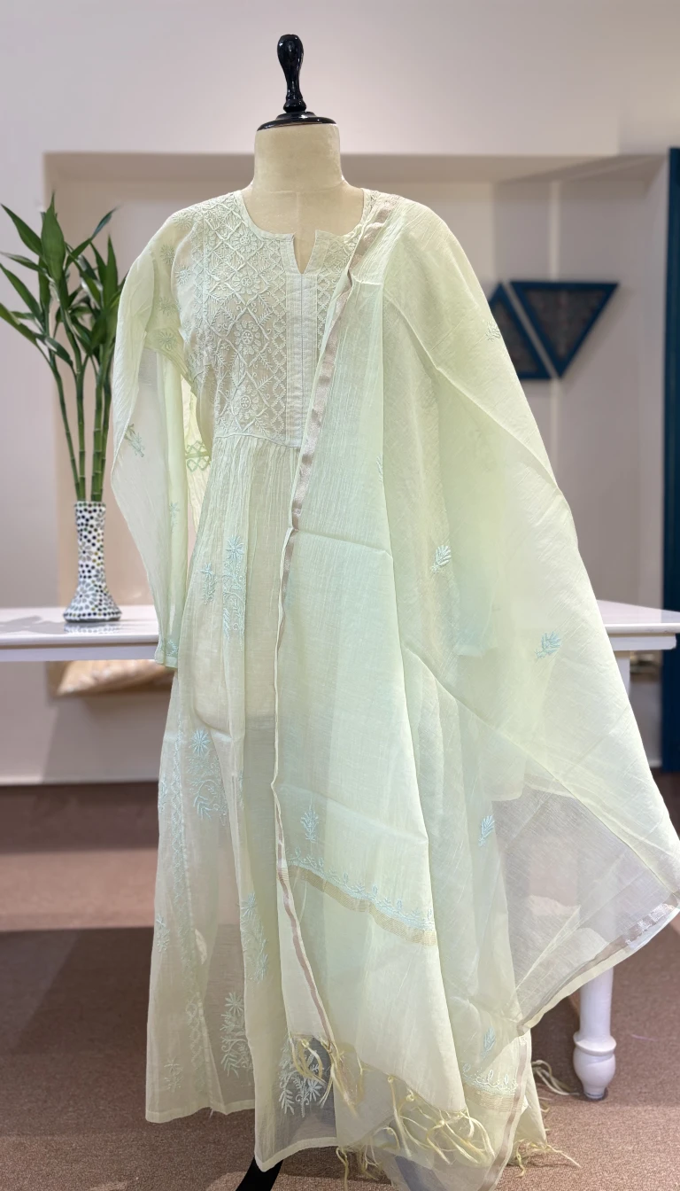 Pastel Mul Chanderi Handcrafted Chikankari Suit Set with Dupatta