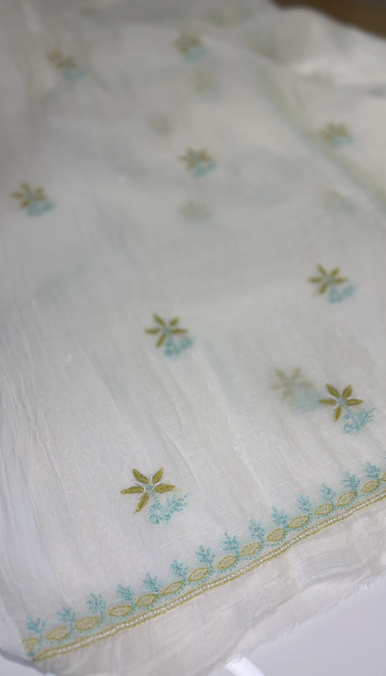 Alternative view of Ivory Aqua Pearl Chikankari Mul Chanderi Unstitched Suit Set