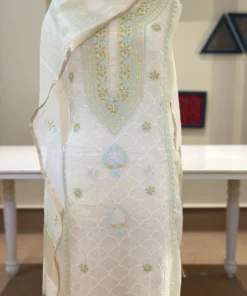 Ivory Aqua Pearl Chikankari Mul Chanderi Unstitched Suit Set