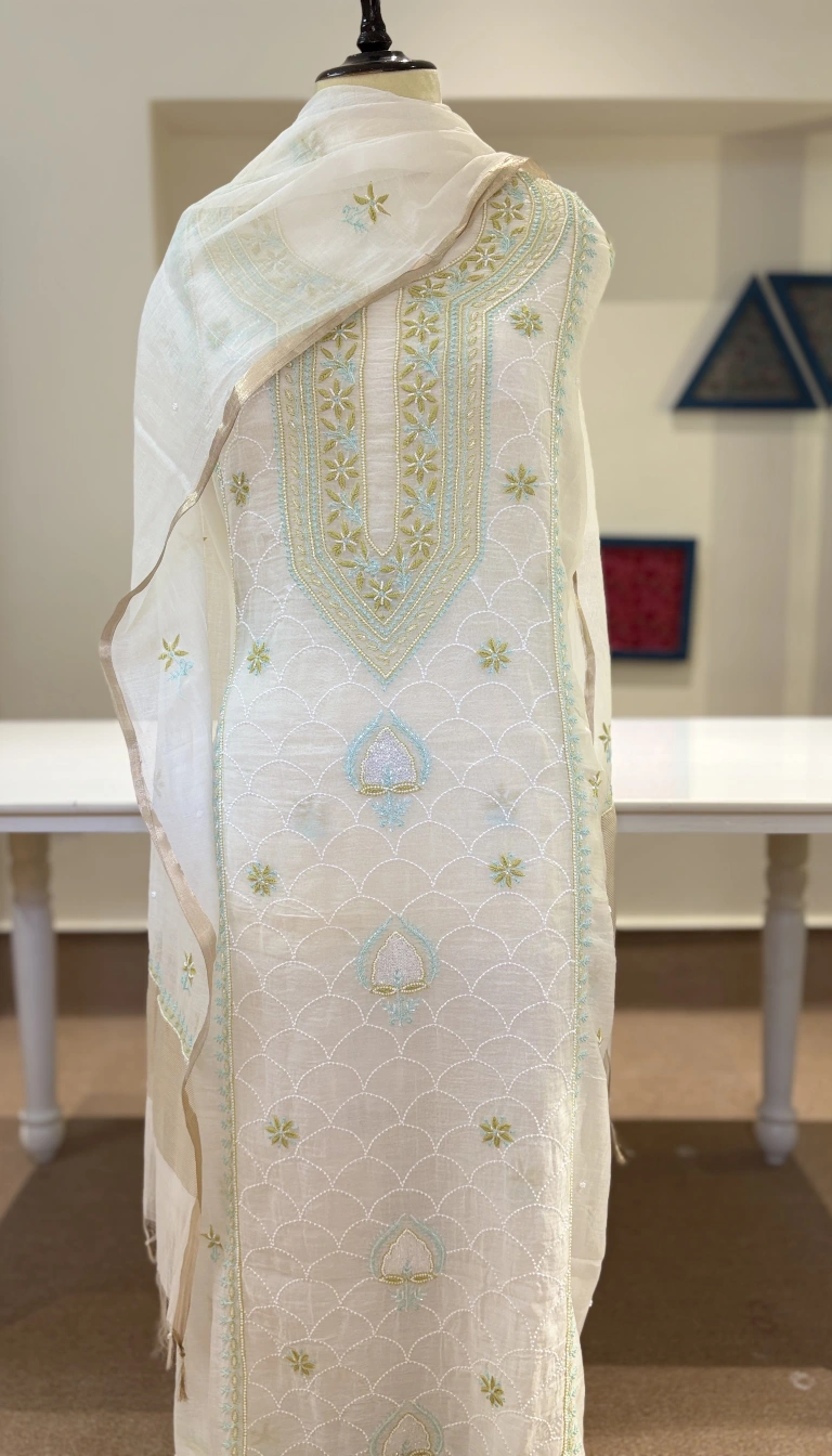 Ivory Aqua Pearl Chikankari Mul Chanderi Unstitched Suit Set