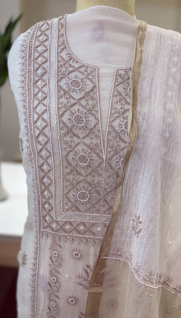 Alternative view of Ivory Mul Chanderi Handcrafted Chikankari Pearl Work Suit Set