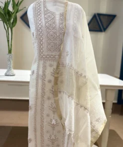 Ivory Mul Chanderi Handcrafted Chikankari Pearl Work Suit Set