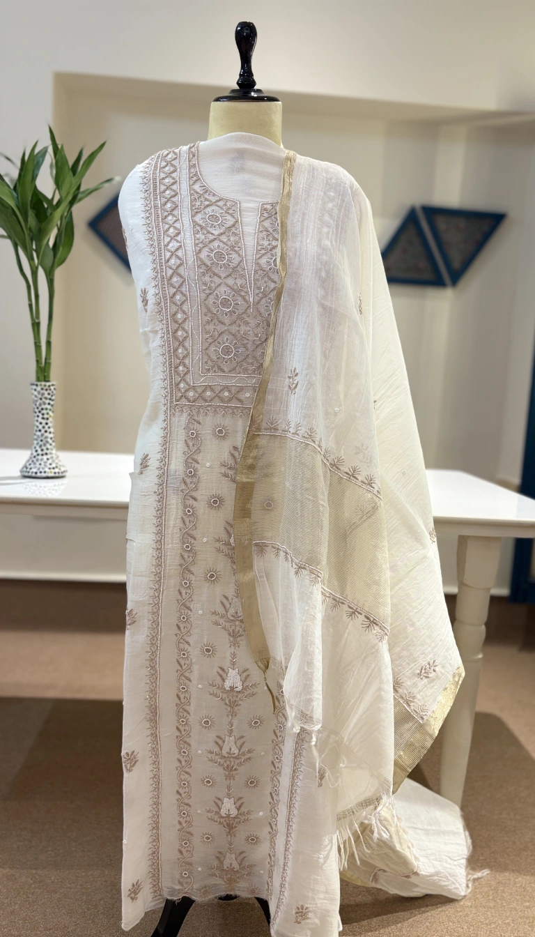 Ivory Mul Chanderi Handcrafted Chikankari Pearl Work Suit Set