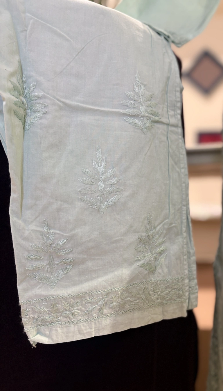 Mint Green Mul Cotton Chikankari 3-Piece Suit Set with Dupatta - Image 3